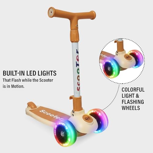 Image of NHR Foldable 3 Wheel Kick Scooter for Kids Up to 6 Years with Colorful LED Flashing Wheels, 4 Level Height Adjustable Handlebar, Tilt-to-Steer & Rear Press Brake Toy Boys Girls (Beige)