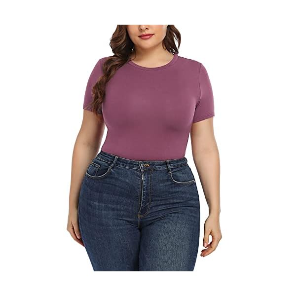 POSESHE-Womens-Plus-Size-Crew-Neck-Round-Neck-Short-Sleeves-Slim-Fit-Casual-Basic-Extender-Bodysuit-Daily-Jumpsuit-T-Shirts POSESHE Women's Plus Size Summer Round Neck Short Sleeve T Shirts Basic Bodysuits Mauve XX-Large