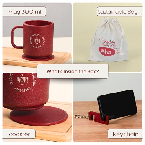Image of Eha Earth-Friendly Gift Set for Mom | 350 ml | Coffee Mug with Coaster, Keychain & Bag | Gifts for Mom Made with Rice Husk Biocomposite | Gifts for Woman | Coral