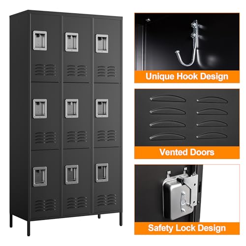 Image of Metal Locker with 9 Doors Employees Locker, Metal Storage Locker with Hooks, 71 inch Storage Cabinet Lockers for Employees, Home, Office, Gym Requires Assembly (9 Doors, Black)