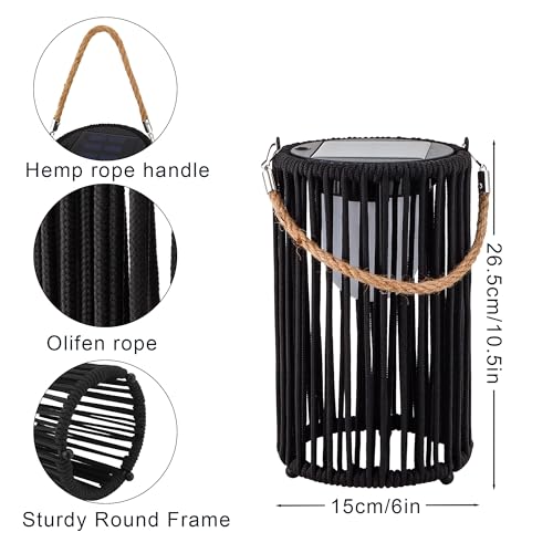 TRIROCKS 2 Set of 10.5'' High Solar Lantern Outdoor Table Lamp Outside Hanging Solar Lights with Olifen Rope Waterproof Rattan Outside Deck Light for Patio Garden Lawn Yard (Black) thumbnail 4