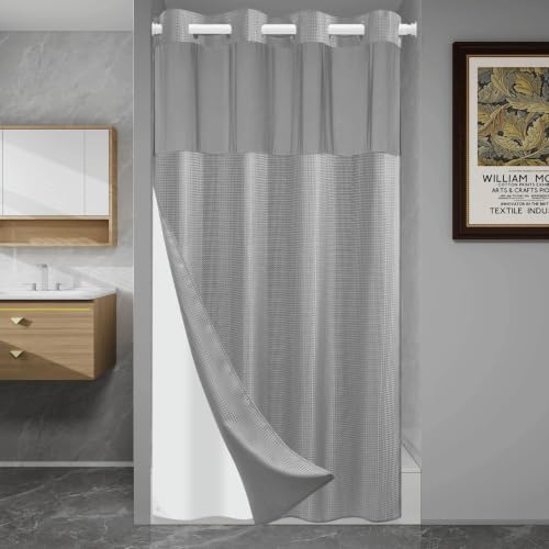 SORTTO Ringless Waffle Shower Curtain with Snap in Liner Set, 48x74, Grey