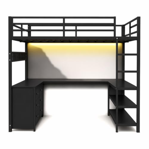 ONENIGHT Loft Bed Full Size with L-Shaped Desk, 6 Storage Drawers, Power Outlet, LED Metal Loft Bed with 3 Storage Shelves, Safety Guardrail & Ladder, Space-Saving, No Box Spring (Black)