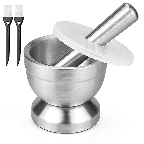 Mörser mit Stößel, Edelstahl Mörser & Stößel Set mit Deckel & Reinigungsbürste Klein Mörser mit Schlegel, Ø 10cm (3.9) Lebensmittelecht Pestle & Mortar Gewürzmörser zum Mahlen, Zerkleinern & Pürieren