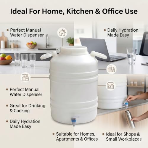 Image of NAKSHATHRA Water Dispenser with Tap, Plastic Water Storage Drum, Open Top with Lid, Ideal for Home, Kitchen & Office, Food Grade HDPE Material, UV-Stabilized - 30 litres (White)