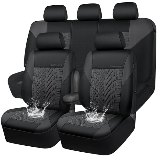 CAR PASS Neoprene Waterproof Seat Covers Full Sets, Wetsuit Car Seat Covers 5 Seats Universal Fit Vans, Truck, SUV, 3D Tyre Embossed Seat Covers Anti Slip with Armrests, Aibag Compatible(Black Gray)