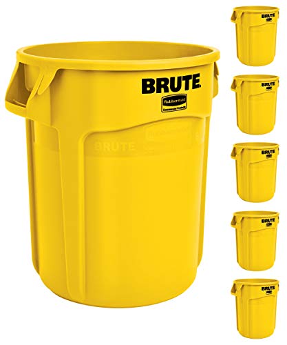 Image of Rubbermaid Commercial Products BRUTE Heavy-Duty Round Trash /Garbage Can, 10-Gallon, Yellow, Outdoor Waste Container for Landscapers /Construction /Restaurants /Back of House /Offices /Warehouses, Pack of 6