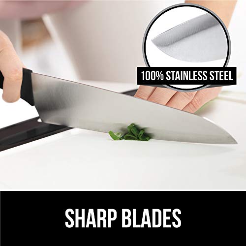 Gorilla Grip Original Premium Knife Block 7 Piece Set, Stainless Steel Blades, Includes Durable Kitchen Knives, Scissors and Stylish Block, Cutlery for Home Chef and Professional Cutting Needs, Black