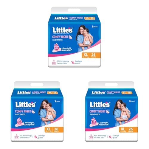 Image of Little's Baby Diapers XL Size (Extra Large) Pants Style | 12-17 kg | 26 Count | Comfy Nights Baby Diaper Pants with Leakage Guard & Upto 12 Hours Absorption (26 Count, Pack of 3)