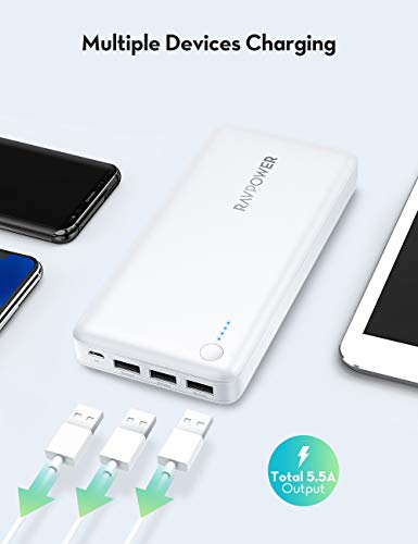 Portable Charger RAVPower 26800mAh Power Bank Battery Pack Tri-Output External Battery Pack Cell Phone Charger Compatible with iPhone 12 Mini Pro Max 11 SE iPad Pro Samsung Galaxy S20 (White), RP-PB41