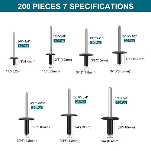 200PCS Black Rivets Pop Rivets Assortment Kit, Large flange Aluminum Rivets(1/8" 3/16" 1/4") Assorted Blind Rivets with Case