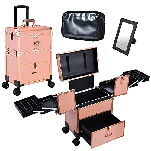 Adazzo Rolling Makeup Case Multi-functional 6 Trays Cosmetic Trolley with Mirror Brushes Tools Pouch Swivel Wheels for Makeup Artist, Hairstylists, Nail Tech Students Cosmetology Case Salon Barber Case Traveling Trunk - Vintage Rose Gold