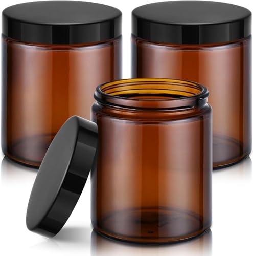 8oz Amber Glass Jars with Lids - 3 Pack Candle Jars & Canning Jars, 250g Wide Mouth Glass Jar for Lotion, Cream, Honey, Jam | Home & Beauty
