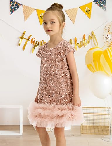 Happy Cherry Sequin Dress for Kid Girls A-Line Sleeveless Sparkly Gown Party Dresses with Faux Fur Trim3