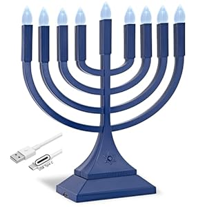 Zion Judaica 9″ LED Hanukkah Menorah Powered by Batteries or USB Sort C 3′ Cable Chanukkah Candleholder USB Electrical Minorah Bulbs Chanukah Ornament Lights Hanukkiah