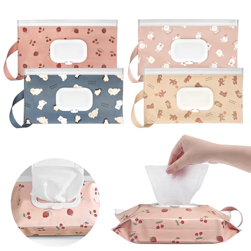 Image of 4 Pack Baby Wipes Dispenser [New Version-One Press Open],Portable Wipe Pouch,Refillable Wipe Holder, Baby Wipes Container Reusable Wet Wipes Bags Pouch for Travel (B)