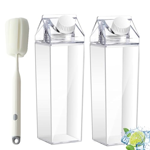2 Stück Milchkarton Wasserflasche, 1000 ml Transparentem Milchkarton, Hohe Kapazität Klare Wasserflasche, Wiederverwendbar Milchflasche, Saftbehälterflasche mit Pinsel, für Kühlschrank, Camping