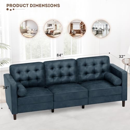 Image of 84 inch Suede Leather Sofa with 2 Soft Pillows, Blue | Tufted Modern Sofa with Sturdy Wooden Legs, 3 Seats Couch for Living Room, Office, Bedroom