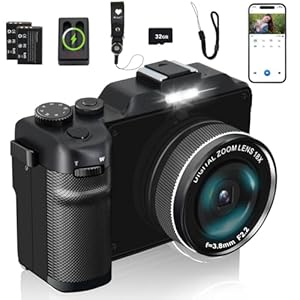 4K Digital Camera for Photography 64MP 18X Digital Zoom Auto Focus Macro Lens,Vlogging Camera with WiFi 2 Batteries 32G TF Card Charging Station,Portable Travel Camera for YouTube