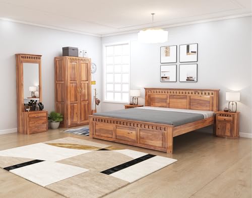 Image of SONA ART & CRAFTS Kuber Solid Sheesham Wood Bedroom Set | King Size Bed Without Storage, Wardrobe, Dressing Table & Two Bedside Tables - Natural Finish (Assembly Included)
