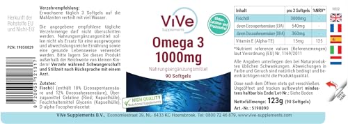 Omega 3 1000mg - 90 Softgels - Omega 3 aus Fischöl - mit EPA, DHA und Vitamin E - Hochdosiert - Qualität aus Deutschland - ViVe Supplements – Bild 3