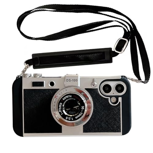 QoKcoahn 3D Vintage Camera Phone Case with Long Lanyard - Unique Cool Silicone PC Shockproof Crossbody Protective Case for iPhone 16- Black
