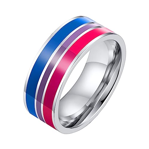 OAKKY Unisex 8mm Einzigartig Cool Emaille Bunte Streifen LGBT Homosexuell Stolz Ring Edelstahl Eternity Paar Hochzeit Band Bisexuell Größe 60 (19.1)