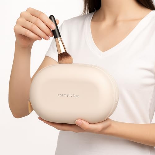Image of Silicone Makeup Bag, Makeup Brush, Lipstick & Cosmetic Item Carry Pouch,Portable Makeup Brush Bag, Waterproof Travel Toiletry Bag with Zipper Closer,Silicone Travel Pouch (Beige)