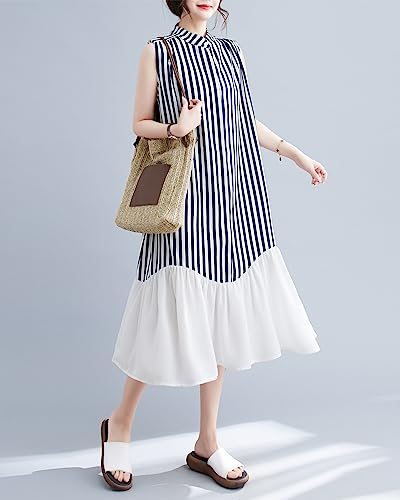 Image of ellazhu Women's Summer Sleeveless Midi Length Stripe Solid Color Patchwork Dress GA2654 A