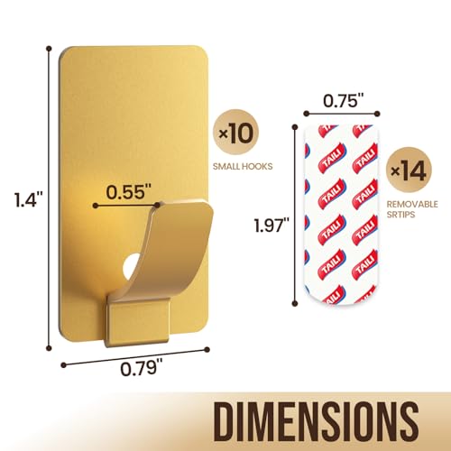 Image of TAILI Hooks for Hanging 10 Metal Sticky Hooks and 14 Adhesive Strips Gold