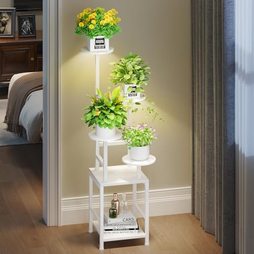 Image of Homsorout Plant Stand Indoor with Grow Light, 5-Tiered Tall Plant Stand Indoor, Metal Plant Shelf with Adjustable Light, Ideal for Living Room, Garden, Round Patio white