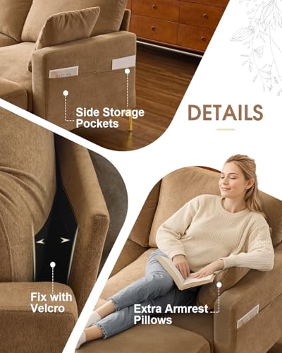 Image of Karl home 99.6 inch 3-Seat U-Shaped Sectional Sofa, Khaki | Chenille Upholstered, 2 Movable Ottomans, Cloud-Like Seat, 2 Throw Pillows, Comfy Deep Seat, Living Room, Apartment, Office