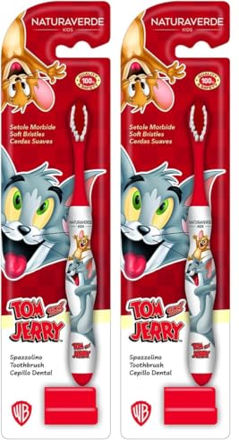 Naturaverde | Kids - Warner Bros Tom & Jerry - Spazzolino Morbido per Bambini, Spazzolino da Denti Divertente per Bimbi, Confezione da 2