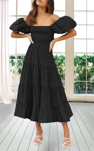 GOLDSTITCH Women's Smocked Maxi Dress Square Neck Ruffle Hem Puffy Short Sleeve Flowy Midi Dress3