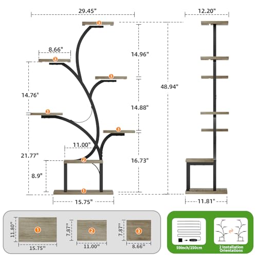 Image of BACEKOLL Plant Stand Indoor with Grow Lights, 7 Tiered Indoor Plant Shelf, 49 inch Corner Plant Stands for Indoor Plants, Metal Plant Flower Display Shelf, Tree-Shaped Plant Rack for Home, Patio, Grey