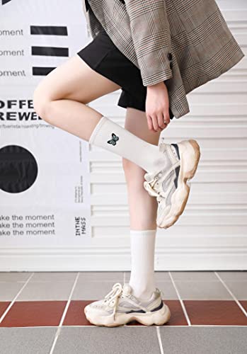 Image of Womens Calf Socks Embroidery Crew Socks Casual Dress Socks Cute Butterfly Socks For Girls 3 Pairs