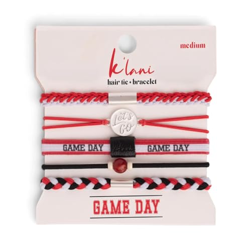 K'lani Game Day Hair Tie Bracelets – 5-Pack Stretchy No-Crease Hair Ties & Stylish Bracelets – Team Color Accessory for Hair or Wrist - Red & White, Medium
