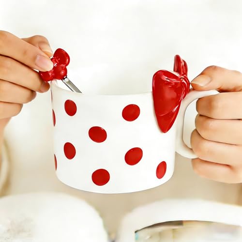 Disoza Taza de café de cerámica con lazo rojo de 400 ml, taza con lazo y asa, taza linda de porcelana para café y té