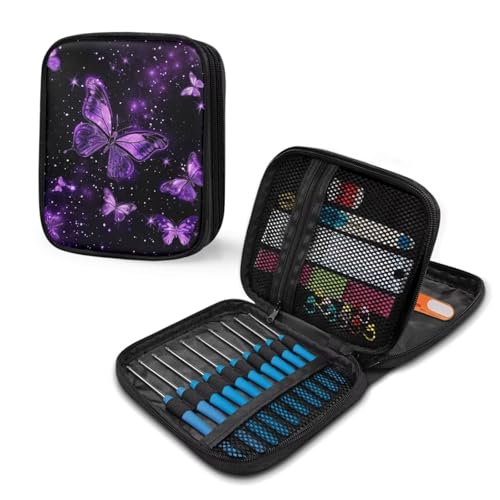 Image of Crochet Hook Case Purple Butterfly Crochet Hook Holder Portable Crochet Hook Storage Bag with Web Pockets Suitable for Crochet Needles /Knitting Accessories