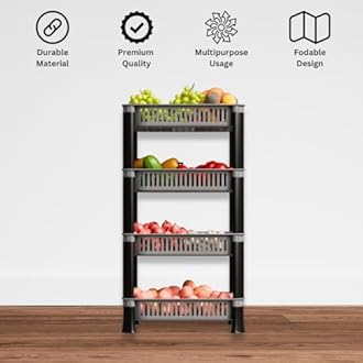 Biltoxi Multipurpose Plastic Kitchen Rack with Baskets | Vegetable & Fruit Storage Stand | Strong & Durable Organizer for Kitchen, Bathroom & Utility (4 Layer, Silver)