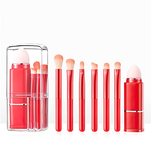 8 piezas juego de brochas de maquillaje, portátil set de pinceles maquillaje para polvos, colorete, correctores, ojos, retractiles brochas pequeñas viaje maquillaje, con estuche (rojo)