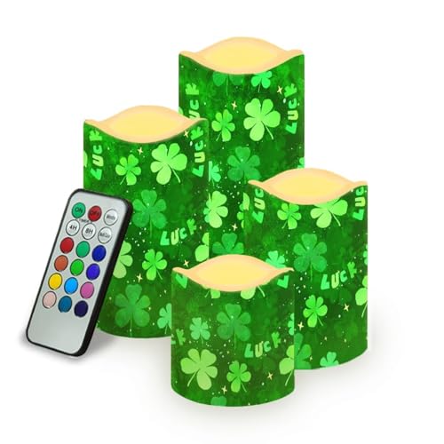 Image of Saint Patrick's Day Green Leaf Plastic Flameless Candles with Remote Control and Timer LED Flickering Battery Operated Color Changing Electric Pillar Candles St. Patrick's Day Decoration