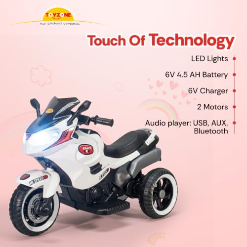 Image of Toyzone Roach Electric Bike (White) | 6V Rechargeable Bike for Kids with 4.5Ah Battery | LED Lights, Music, MP3 /USB /BT | Smooth Acceleration | 6M Battery Warranty | Age 2-8 Years, Up to 35kg