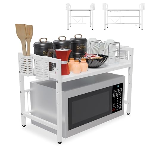 WOWEMARK! ecommerce Soporte para Microondas Blanco de Encimera, Estante Ajustable 41–65 cm, Estantería Microondas Cocina, Mueble para Horno y Microondas, Organizador Metálico Resistente