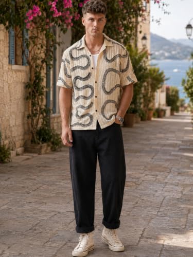 Image of GRECIILOOKS Men`s Shirt | Mens Casual Crochet Knitted | Half Sleeve Printed Crochet with Cuban Collar Shirt`s | Relaxed fit Textured & Stylish Premium Mens Shirt