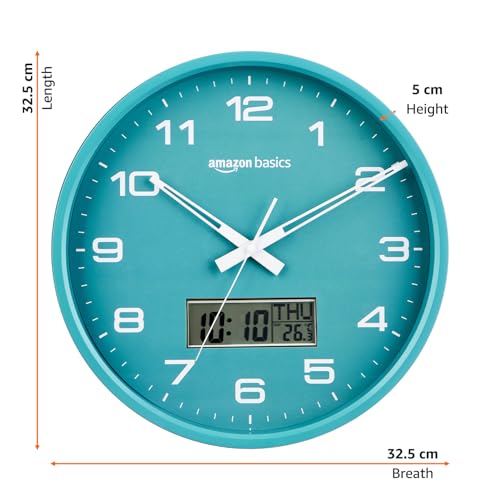 Image of Amazon Basics 12.5 Inch Analog Digital Wall Clock with LCD Display | Calendar Day Date Temperature | Silent Non-Ticking Sweep Movement | Large Dial Visibility | Dual Battery Powered (Sea Green)
