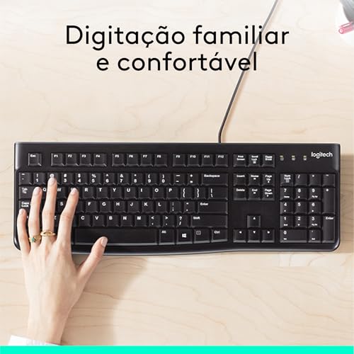 Teclado com fio USB Logitech K120, Resistente à Respingos, Barra de Espaço Curva, Compatível com PC e Notebook, Layout ABNT2 glide