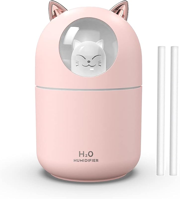 Mini humidificador portátil de niebla fría de 300 ml con luz nocturna, apagado automático USB, ultrasilencioso, 2 modos de pulverización para viajes en casa, oficina (rosa)