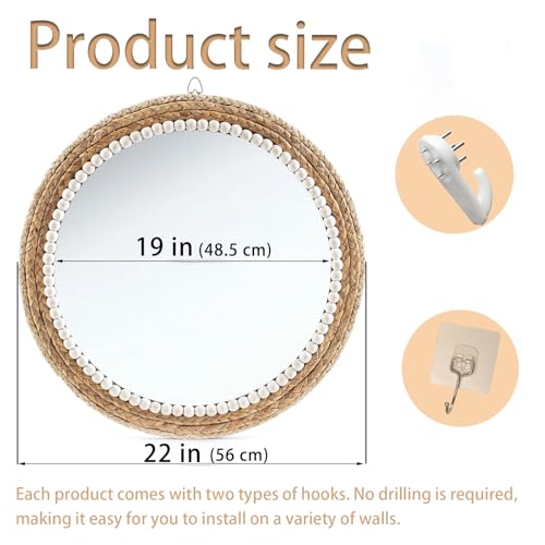 22 Inch Boho Style Decorative Mirror, Round Rattan Wall Hanging Mirror, Nature Rattan Woven Round Mirror, Makeup, Dressing Mirror, Suitable for Dressing Room, Living Room, Bedroom, Farmhouse - Image 3