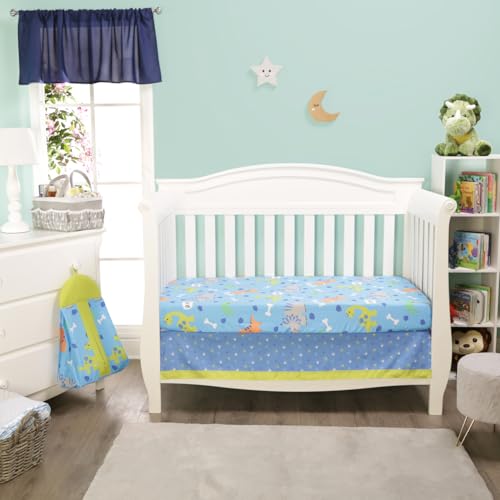 Image of EVERYDAY KIDS Dinosaur 4 Pc Crib Bedding and Nursery Set Includes Baby Bed Quilt, Fitted Sheet, Dust Ruffle and Diaper Stacker; Triceratops and T-Rex Dino Design for Baby Boys